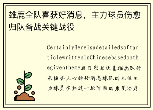 雄鹿全队喜获好消息，主力球员伤愈归队备战关键战役